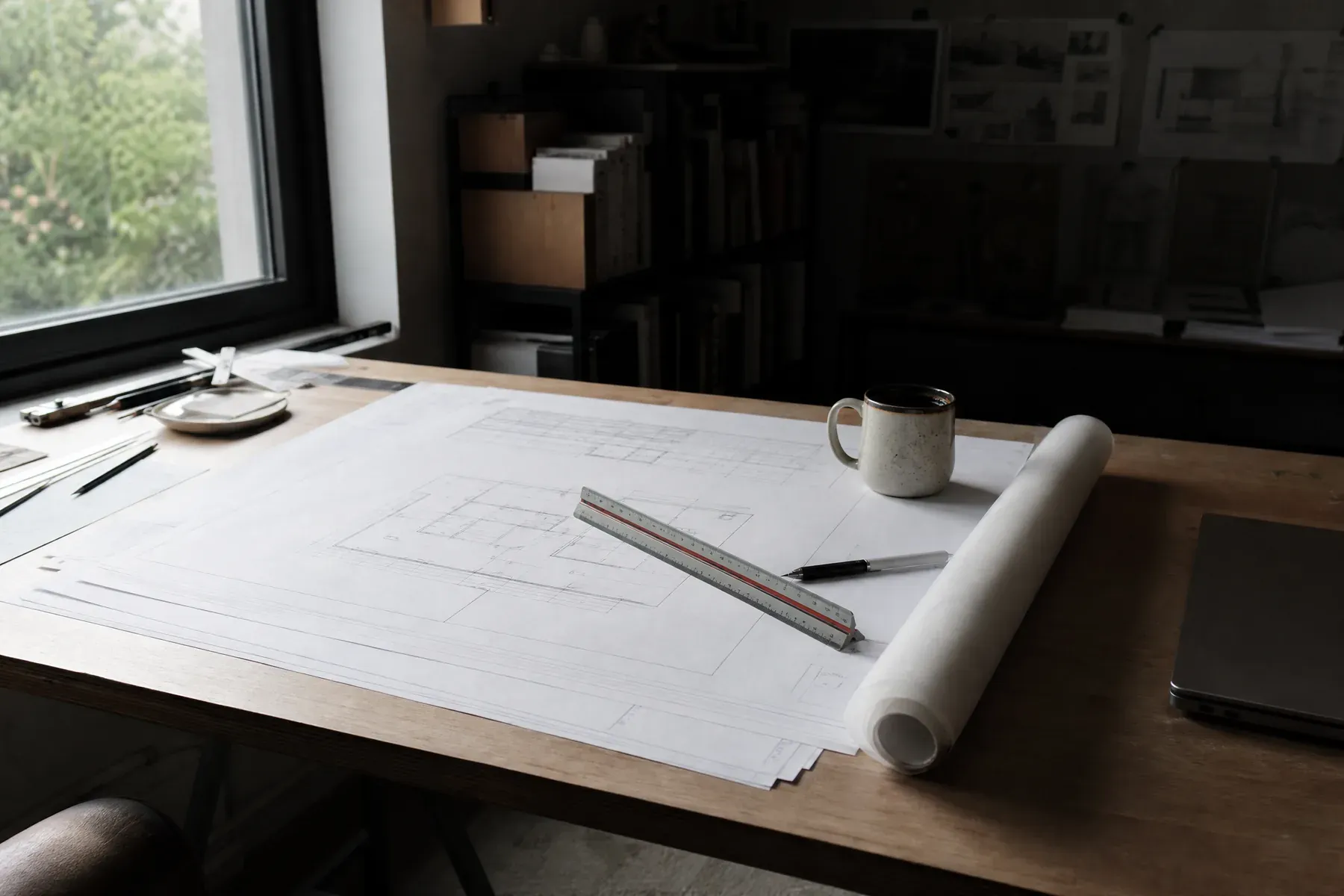 Table à dessin avec des plans imprimés, un réglet et un rouleau de calque