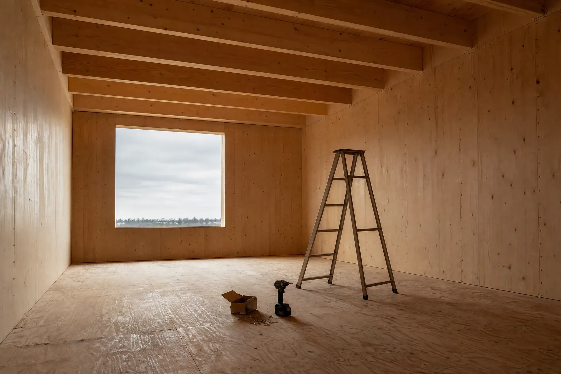 Intérieur d'un bâtiment en bois en chantier, murs en CLT et poutres apparentes