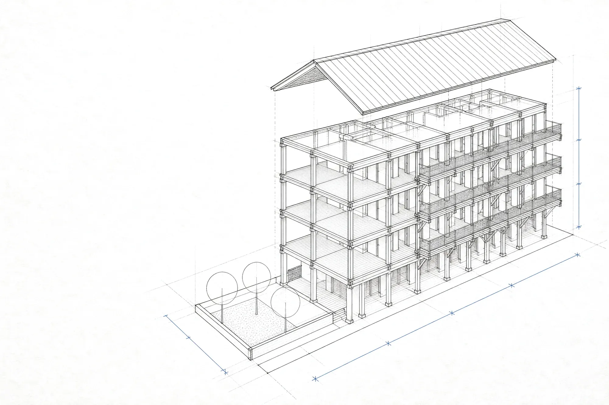 Axonométrie éclatée d'un immeuble de logements en ossature bois, toiture soulevée