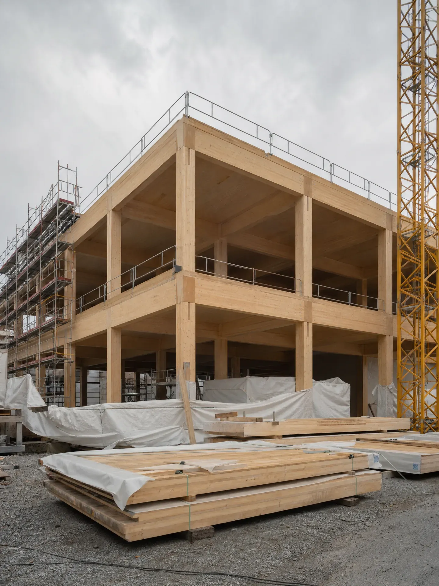 Chantier d'une médiathèque à ossature en bois lamellé-collé, grue et échafaudages
